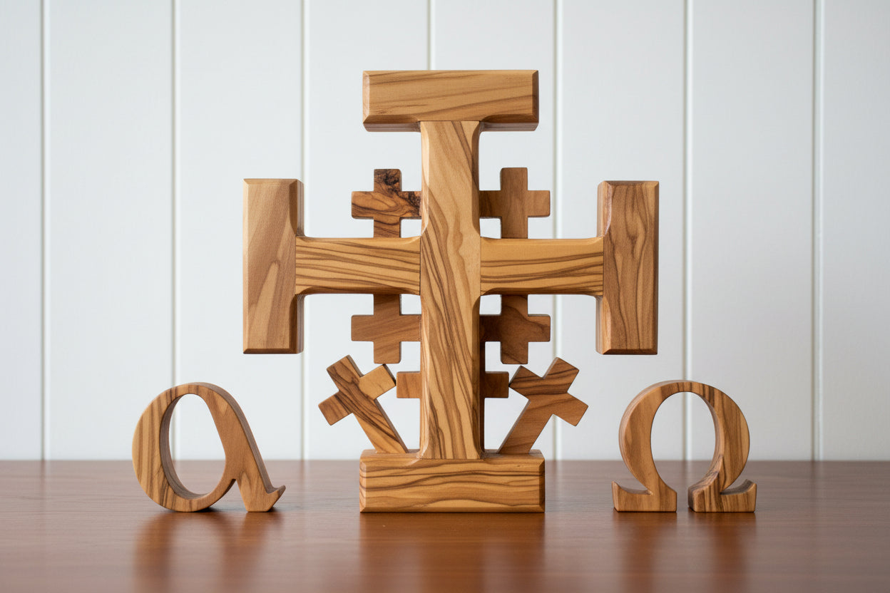 Olive Wood Jerusalem Cross, Holy Land Religious Wall Decor.