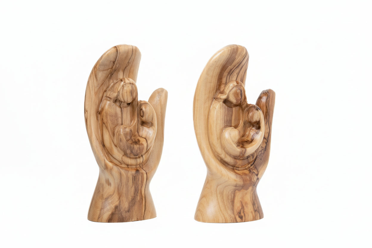 Olive Wood Holy Family Statue: The Lords Hand, Hand of God Sculpture, Home Decor