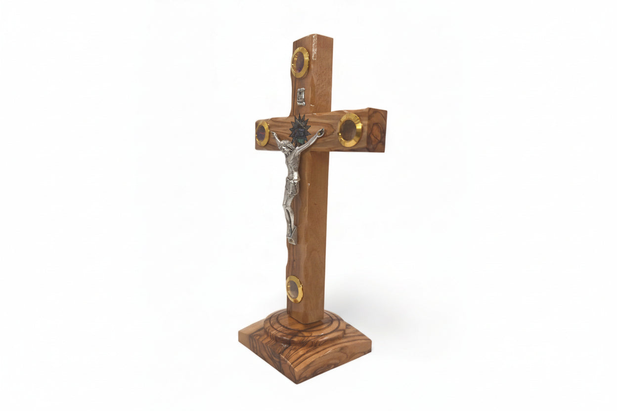 Standing Olive Wood Crucifix with Relics | Altar Table Cross | Catholic Gift from Bethlehem | Christmas