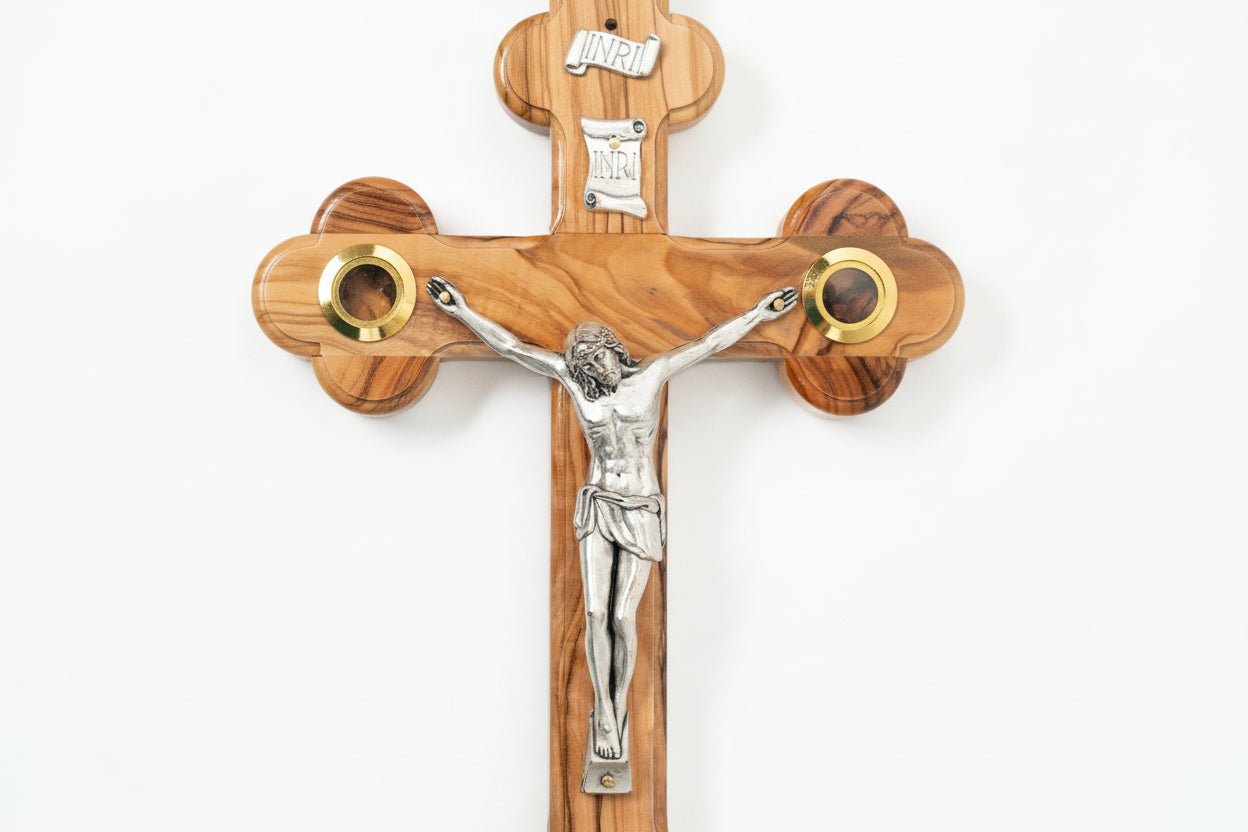Handmade Olive Wood Crucifix: Jerusalem Holy Land Cross with Relics