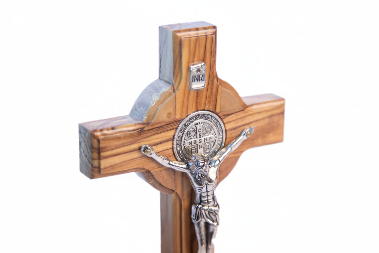 St. Benedict Olive Wood Cross, Catholic Christmas Gift, Hand-Made Religious Decor, Holy Land Crucifix.