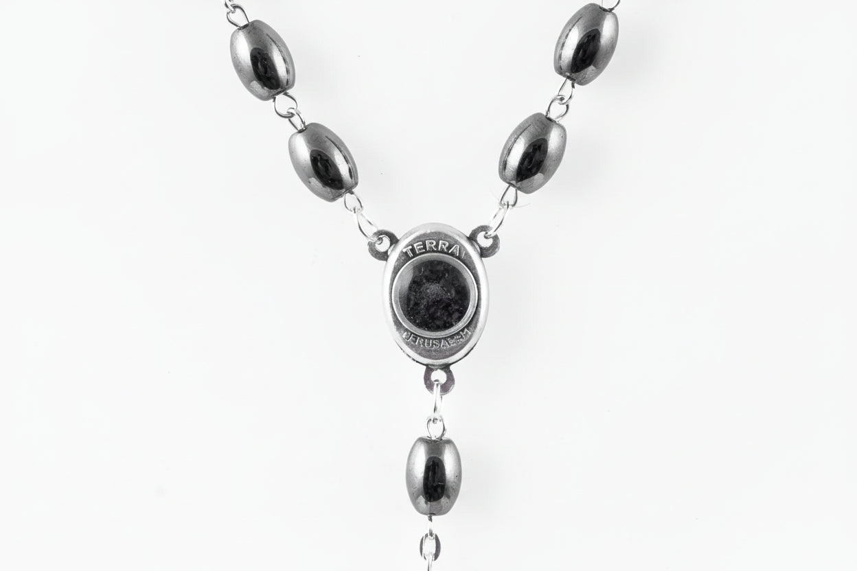 Hematite Catholic Rosary with Holy Land Soil, Jerusalem