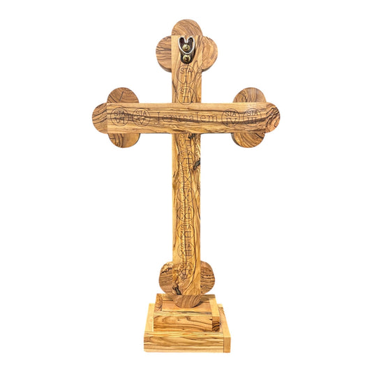 18" Olive Wood Wall & Standing Crucifix, Mother of Pearl Inlay, Catholic Gift.