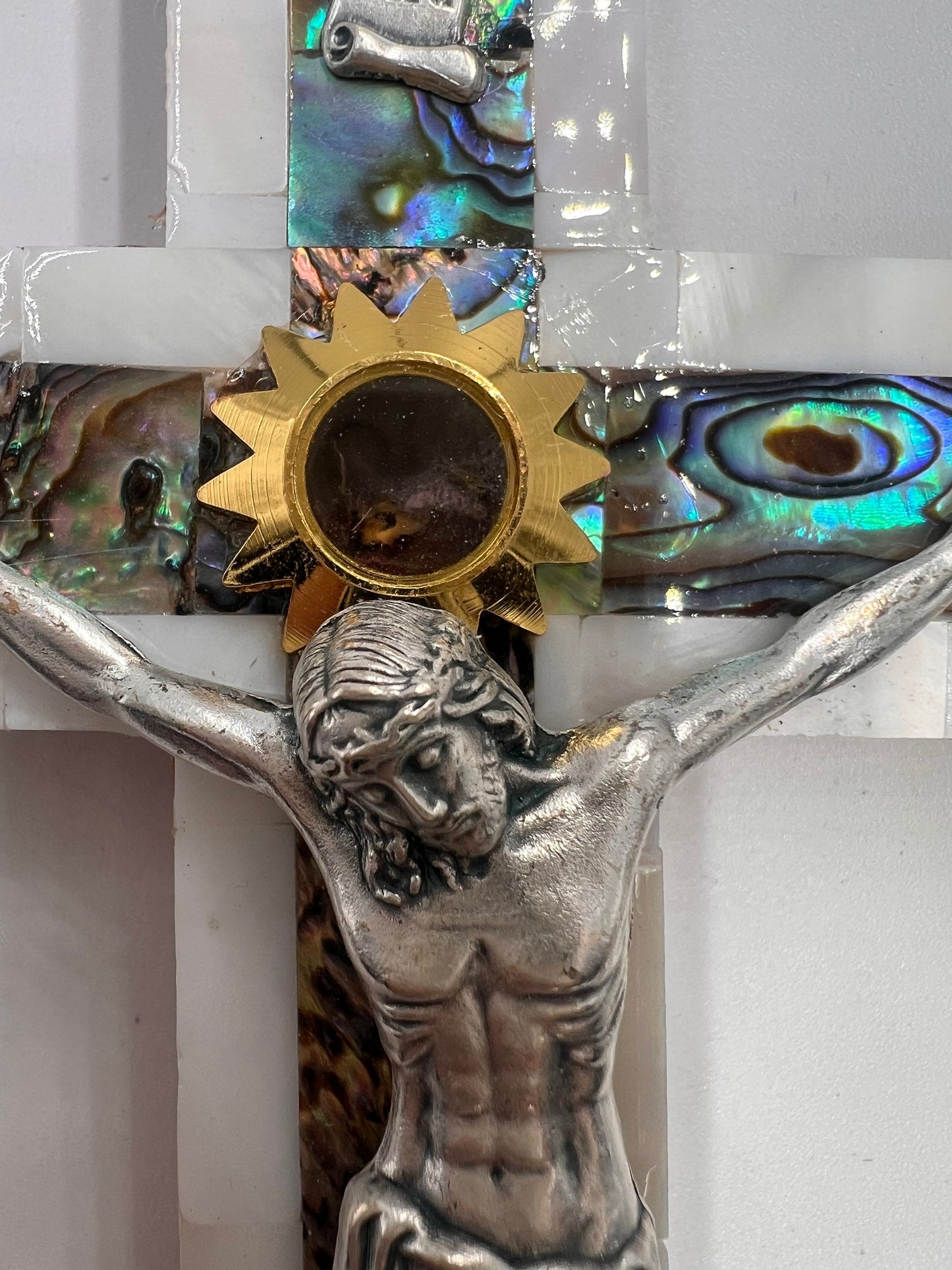 Mother of Pearl Crucifix: Olive Wood Wall Cross with Holy Land Relics