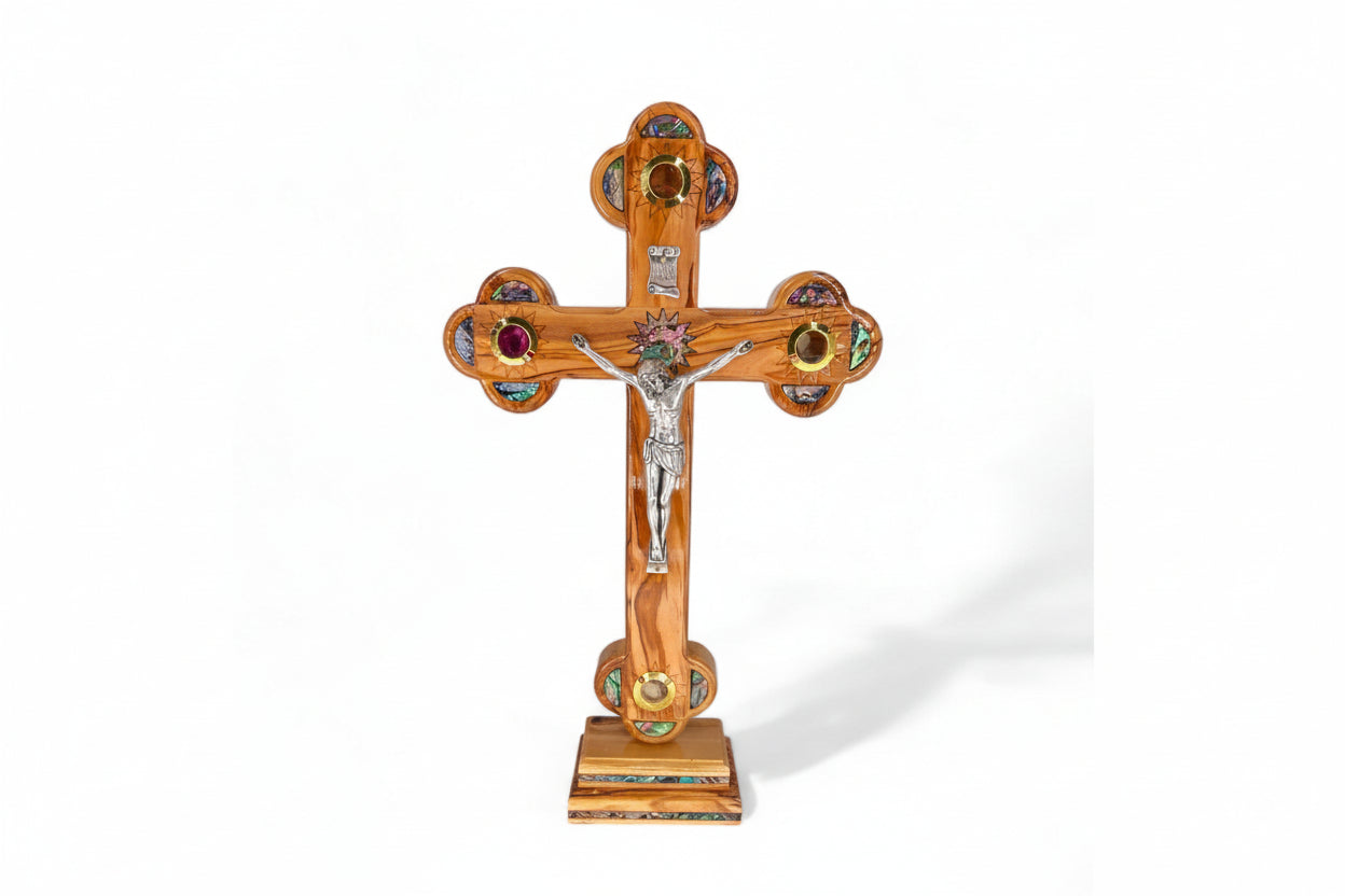 Handmade Holy Land Standing Crucifix, Mother of Pearl Inlay, Olive Wood Catholic Gift.