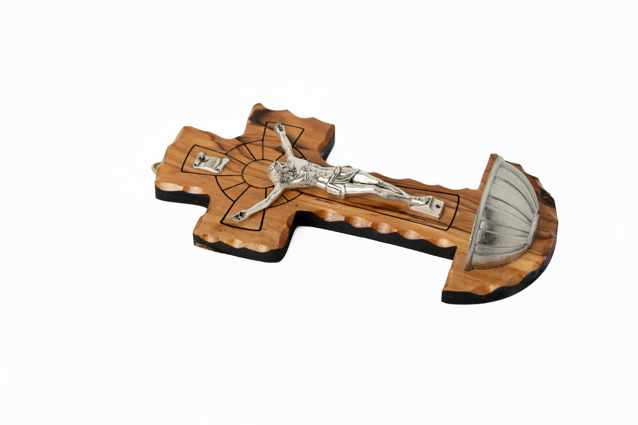 Handmade Olive Wood Crucifix with Holy Water Holder, Religious Gift