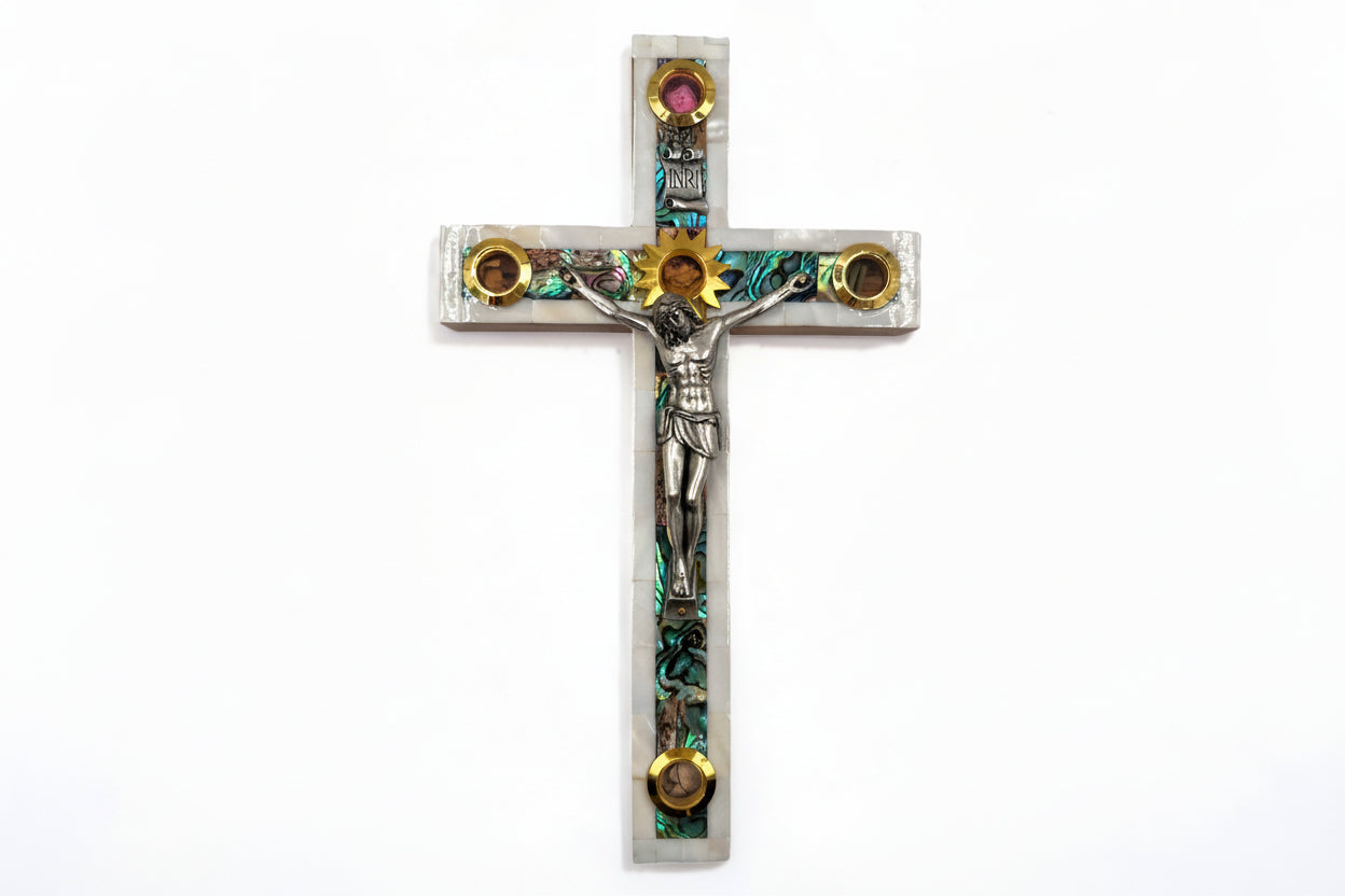 Mother of Pearl Crucifix: Olive Wood Wall Cross with Holy Land Relics