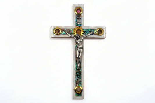 Mother of Pearl Crucifix: Olive Wood Wall Cross with Holy Land Relics