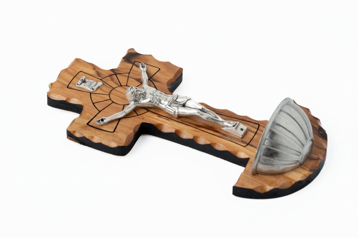 Handmade Olive Wood Crucifix with Holy Water Holder, Religious Gift