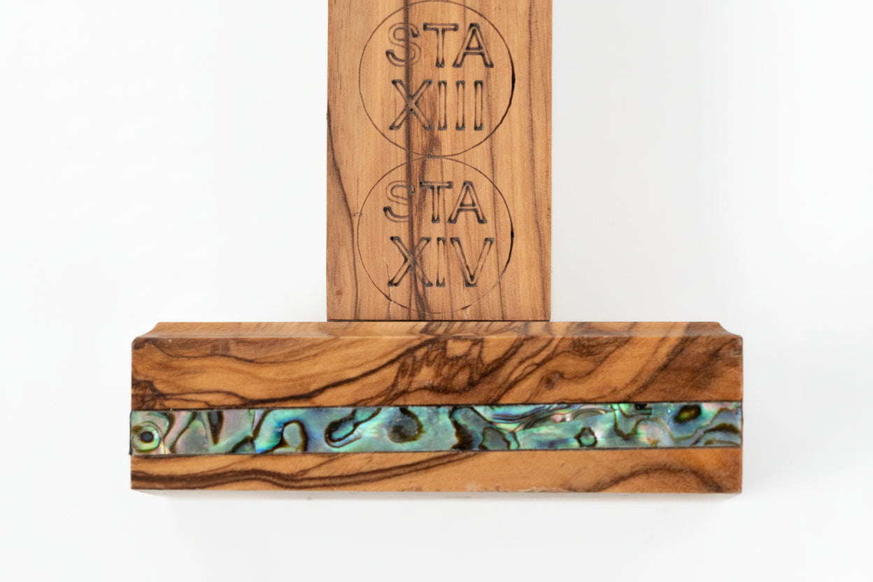 Olive Wood Crucifix with Mother of Pearl, Holy Land Relics