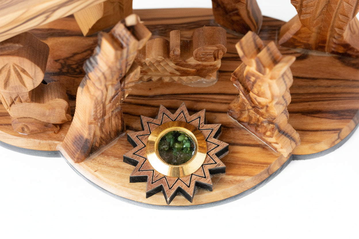 Hand Carved Olive Wood Nativity Set, Silent Night Music Box
