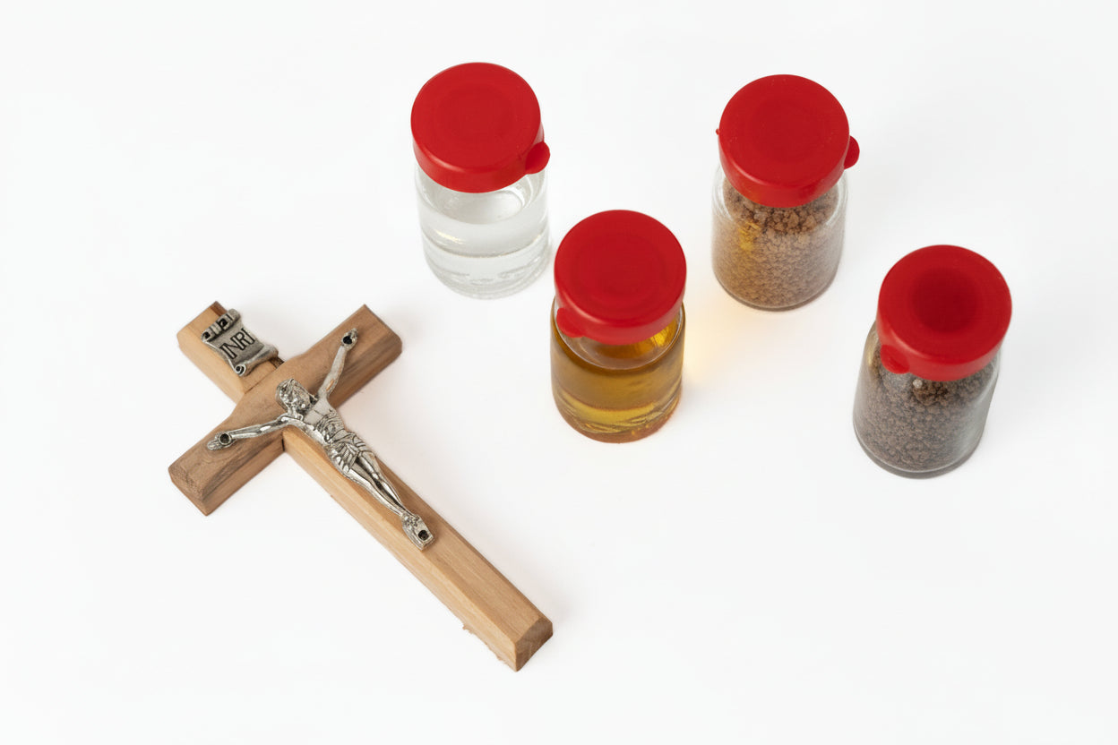 Holy Land Gift Set: Olive Wood Cross, Soil, Water, Oil, Incense