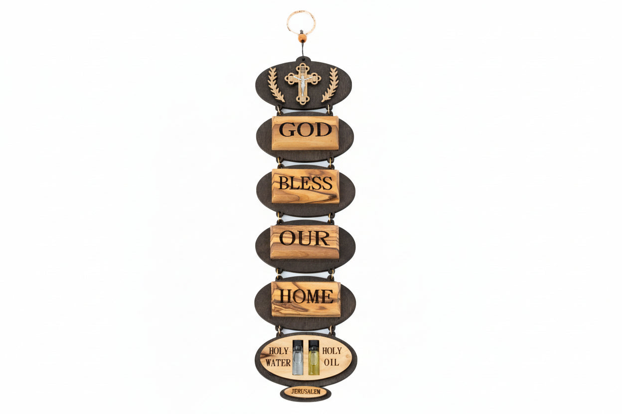 Olive Wood 'God Bless Our Home' Wall Hanging with Holy Water