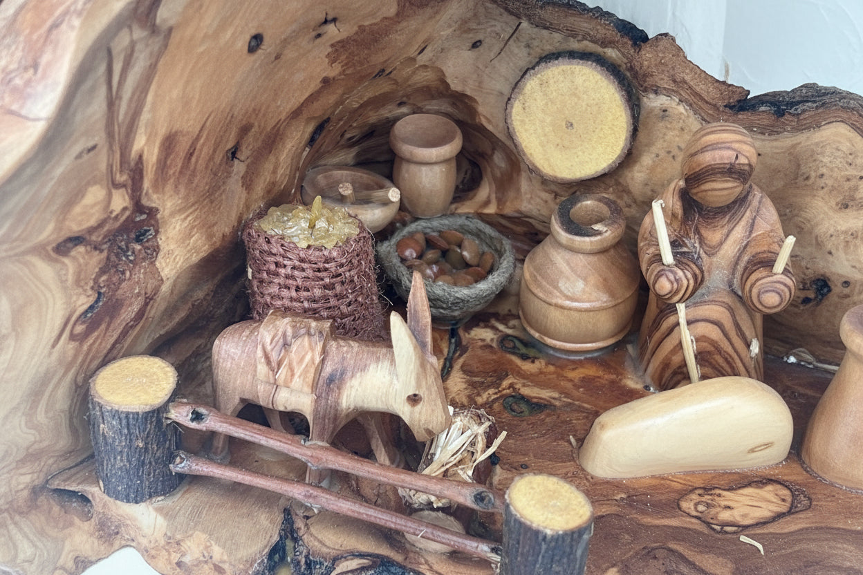 Wooden Nativity set I Manger carved inside of Olive wood Branch,  Manger Decor.