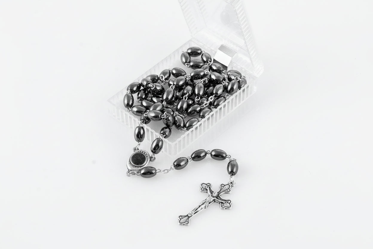 Hematite Catholic Rosary with Holy Land Soil, Jerusalem