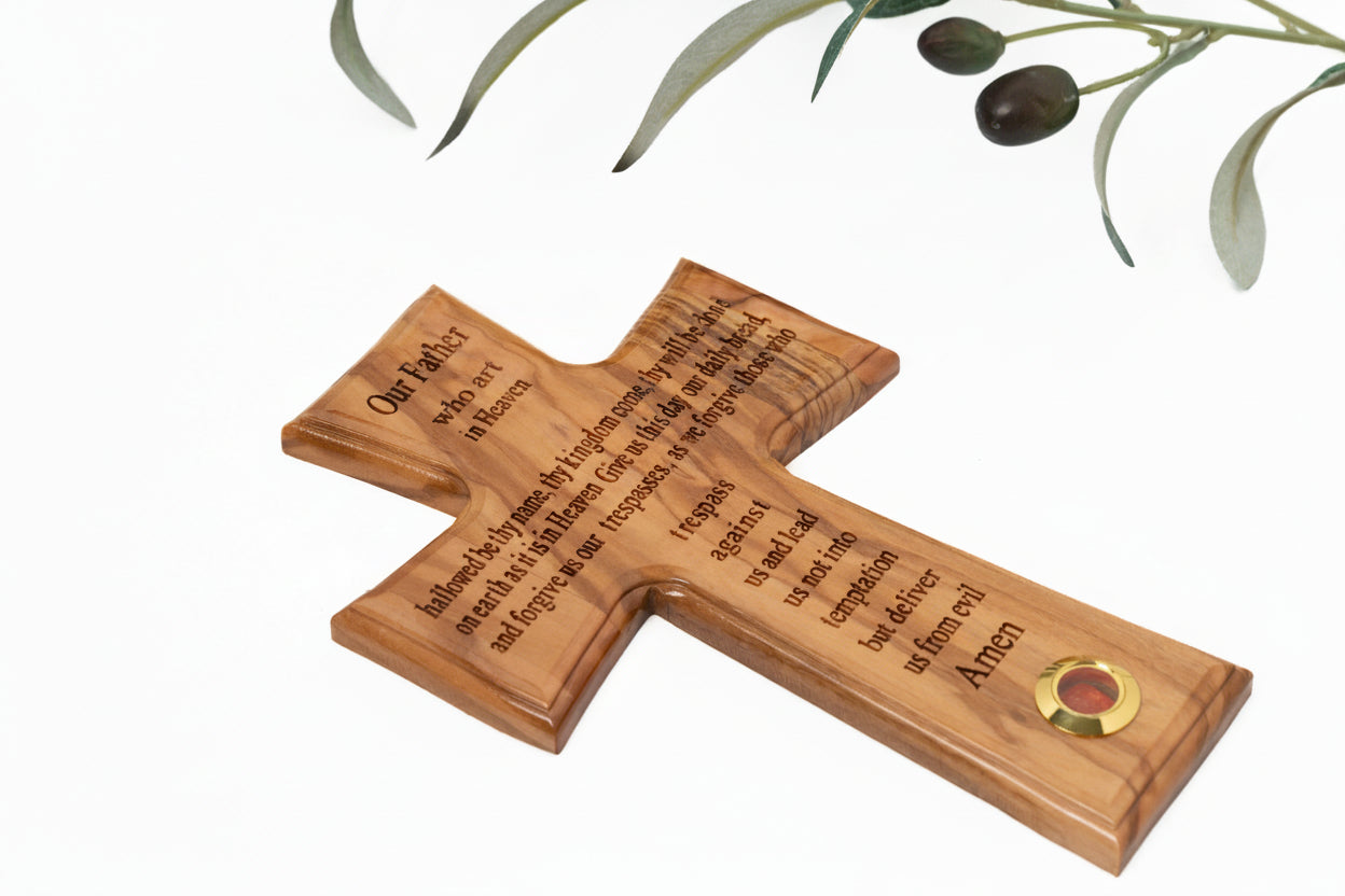 Olive Wood Cross with Lord's Prayer, Holy Water Holder