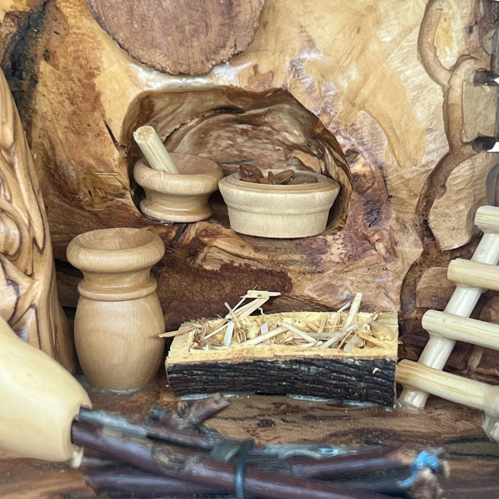 Wooden Nativity set I Manger carved inside of Olive wood Branch,  Manger Decor.