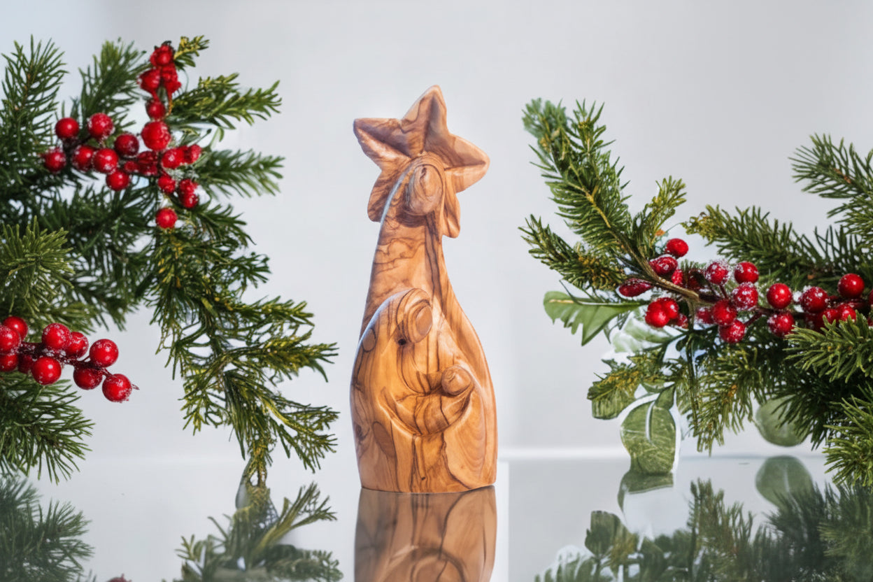 Olive Wood Holy Family Statue, Nativity Figurine, Religious Décor, Christmas Gifts.