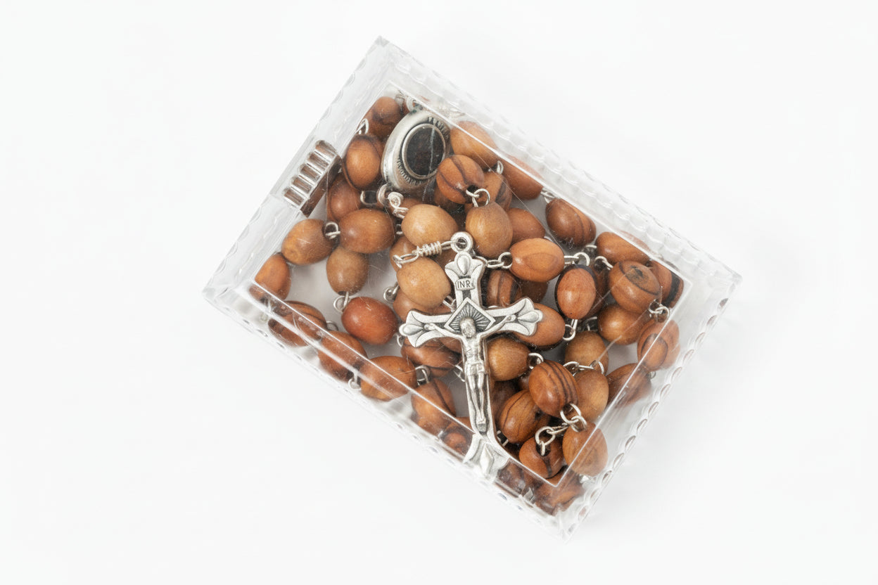 Handmade Olive Wood Rosary, Catholic Gift from Holy Land, Wooden Prayer Beads with Soil