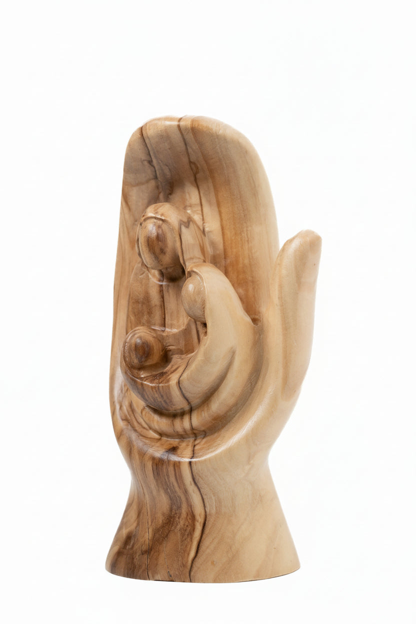 Olive Wood Holy Family Statue:  The Lords Hand, Hand of God Sculpture, Home Decor