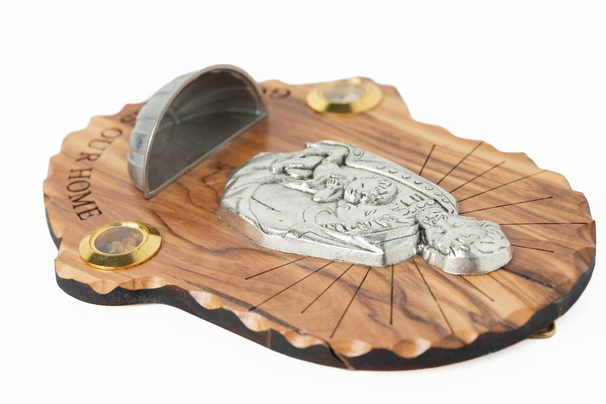 Olive Wood Holy Family Plaque with Holy Water Holder