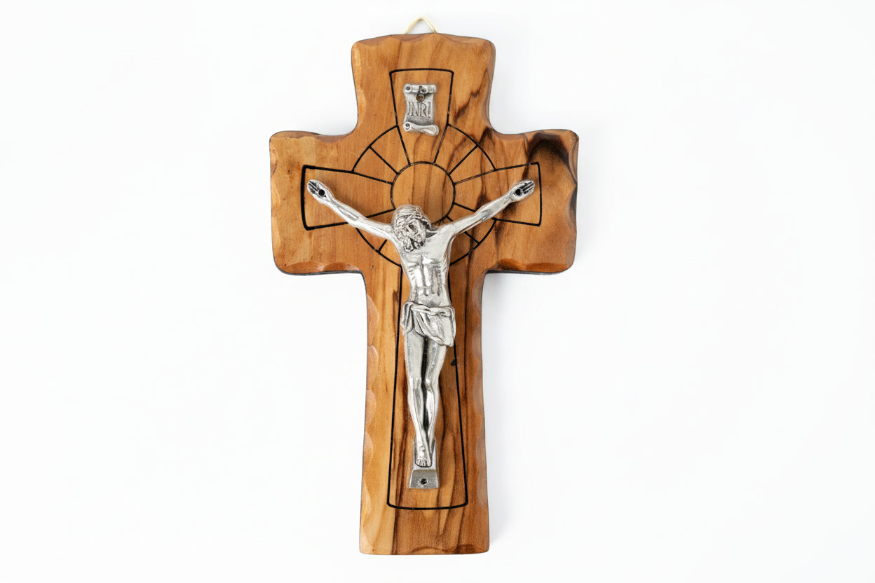 Handmade Olive Wood Crucifix with Holy Water Holder, Religious Gift