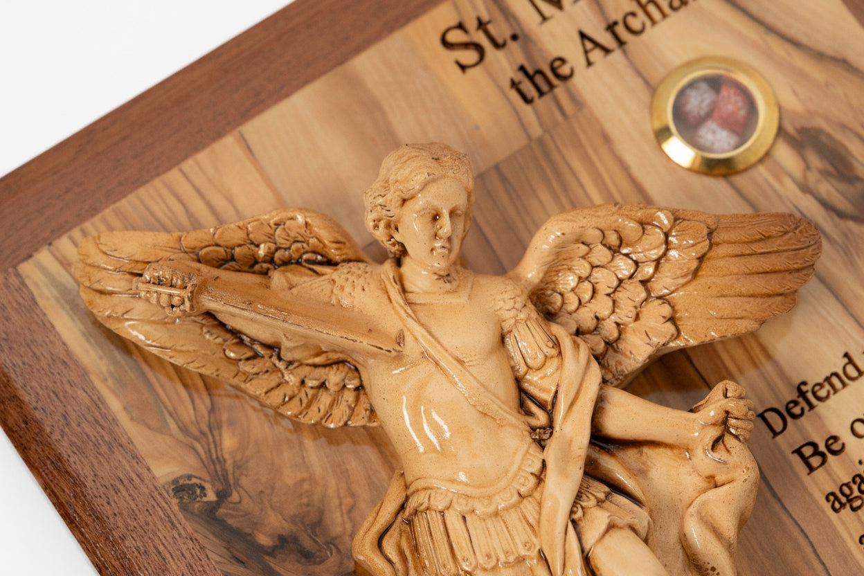 St. Michael Archangel Olive Wood Icon, Christian Wall Art, Holy Land Gift (12x8.5 in)
