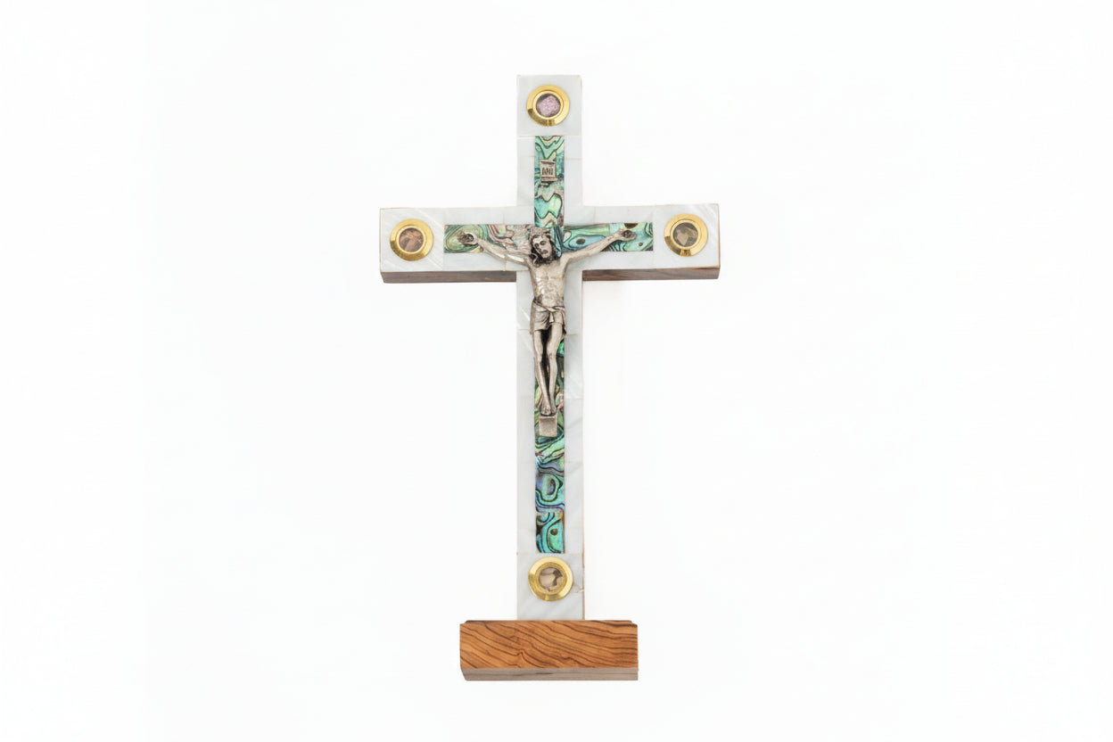 Olive Wood Crucifix with Mother of Pearl, Holy Land Relics