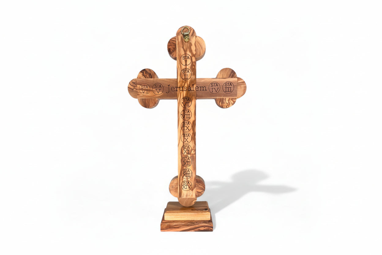Handmade Holy Land Standing Crucifix, Mother of Pearl Inlay, Olive Wood Catholic Gift.