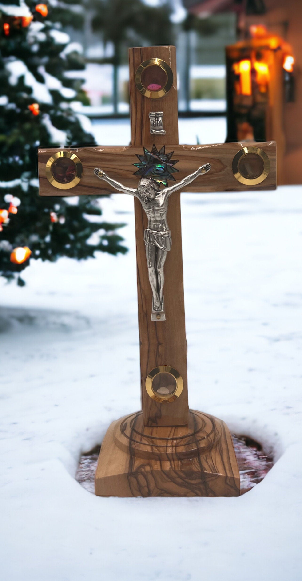 Standing Olive Wood Crucifix with Relics | Altar Table Cross | Catholic Gift from Bethlehem | Christmas