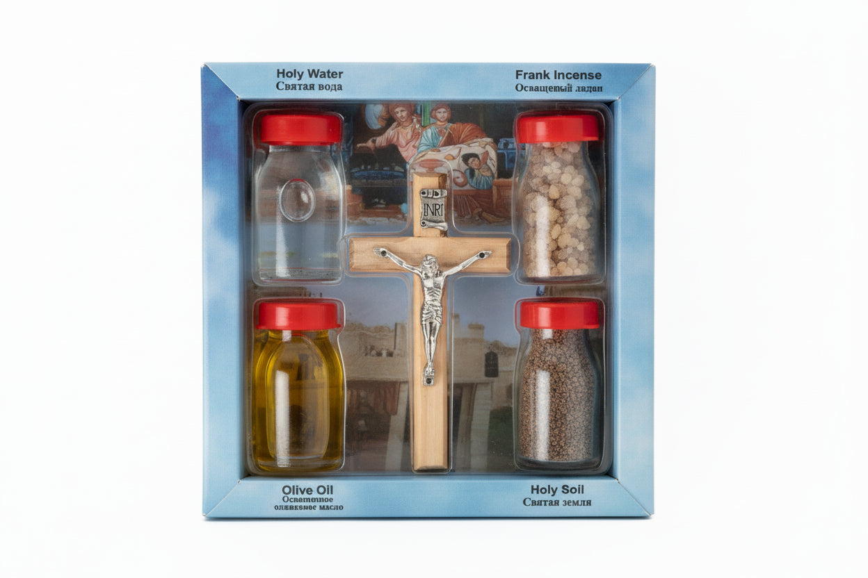 Holy Land Gift Set: Olive Wood Cross, Soil, Water, Oil, Incense