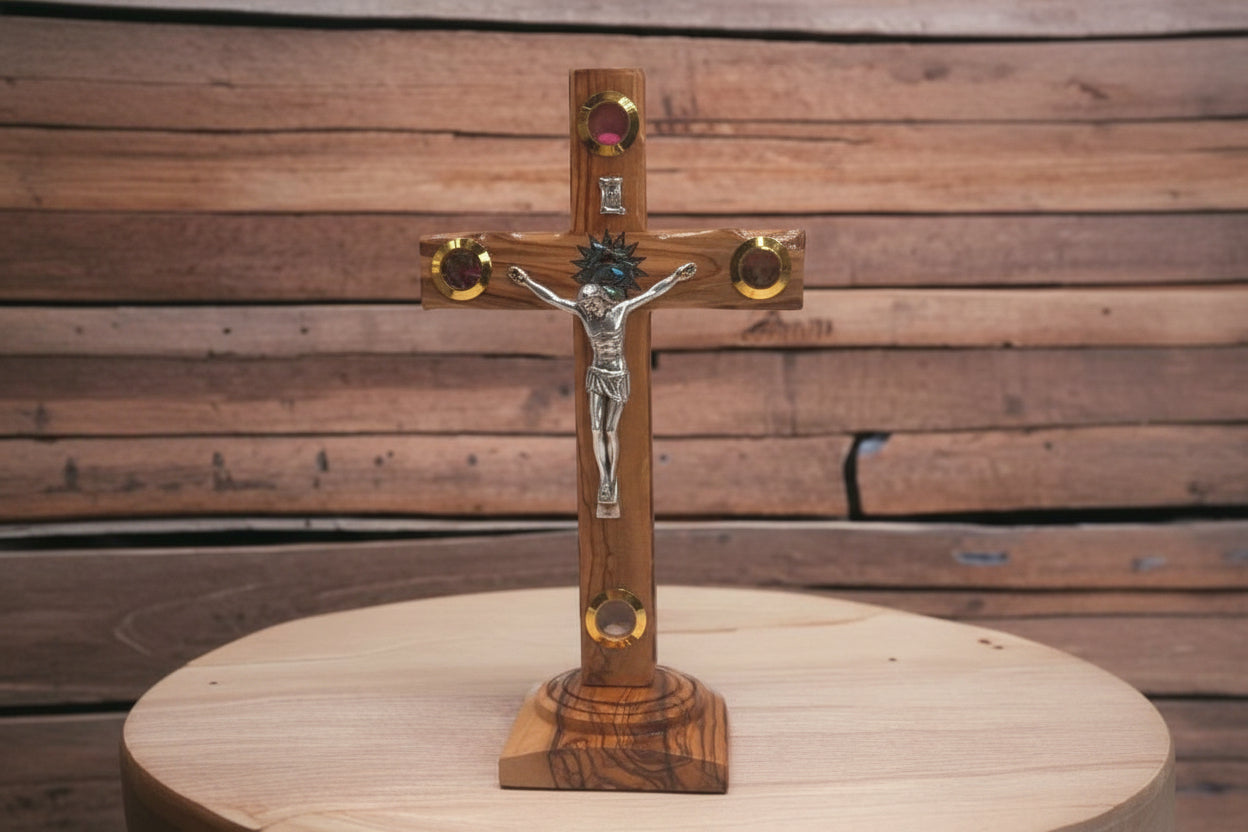 Standing Olive Wood Crucifix with Relics | Altar Table Cross | Catholic Gift from Bethlehem | Christmas