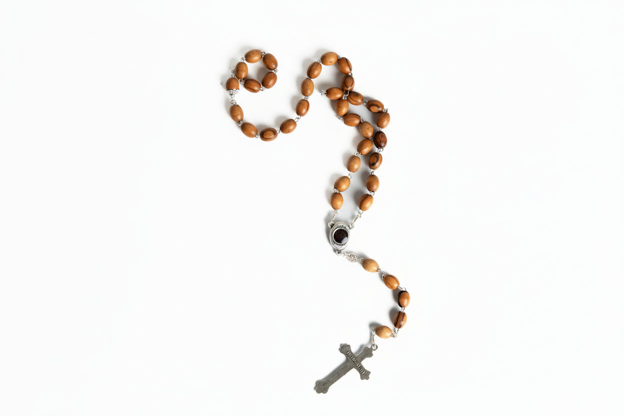Handmade Olive Wood Rosary, Catholic Gift from Holy Land, Wooden Prayer Beads with Soil