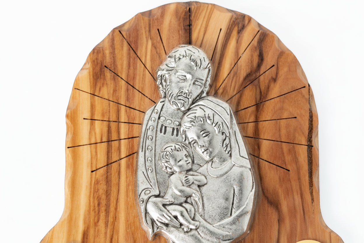 Olive Wood Holy Family Plaque with Holy Water Holder