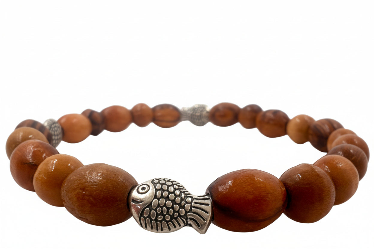 Jesus Fish Olive Wood Bead Bracelet - Christian Bracelet from the Holy Land.