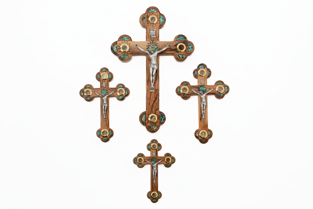 Olive Wood Cross: Mother of Pearl Inlay, Holy Land Relics