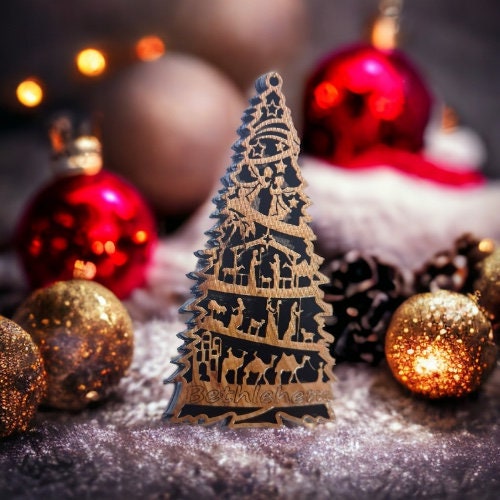 Christmas Tree Ornament Christmas Gift Olive Wood Christmas Ornaments Laser Cut Christmas Tree with Nativity Scene Christmas Gift Ideas