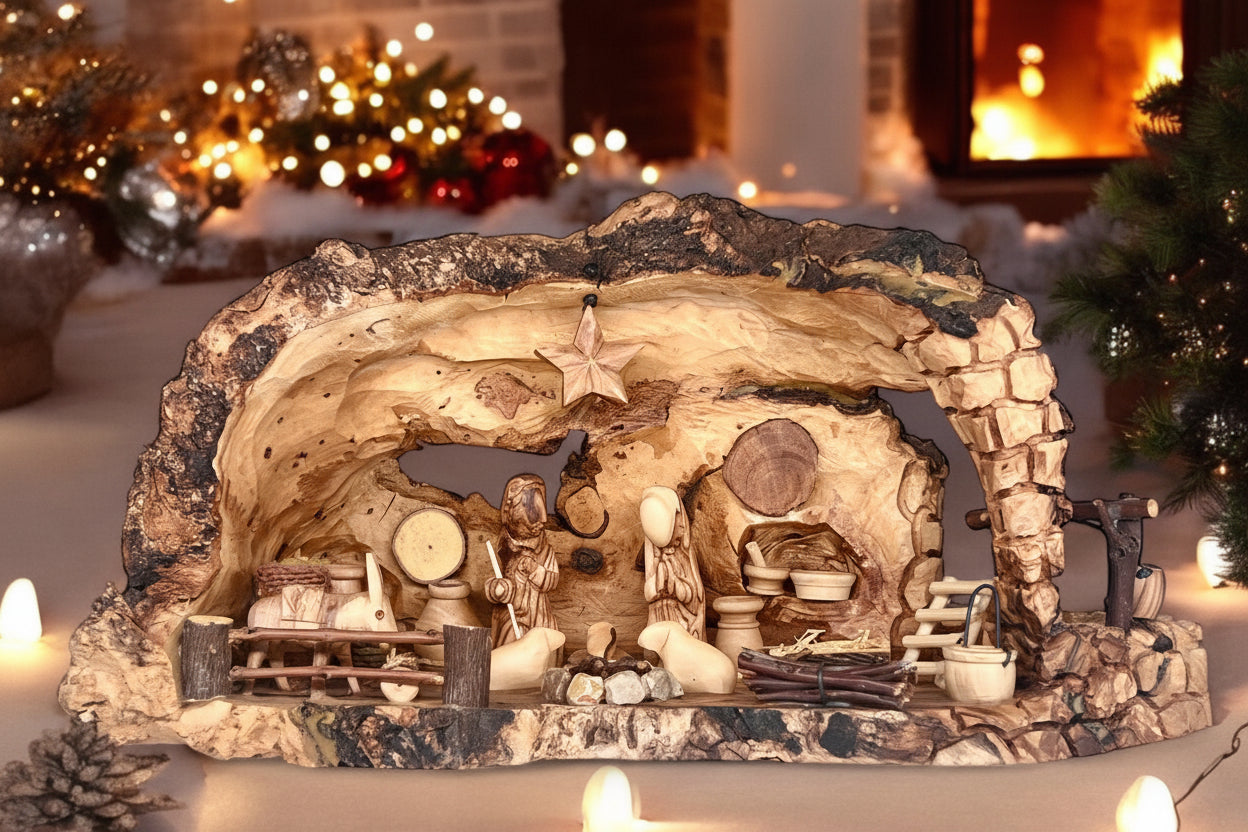 Wooden Nativity set I Manger carved inside of Olive wood Branch,  Manger Decor.