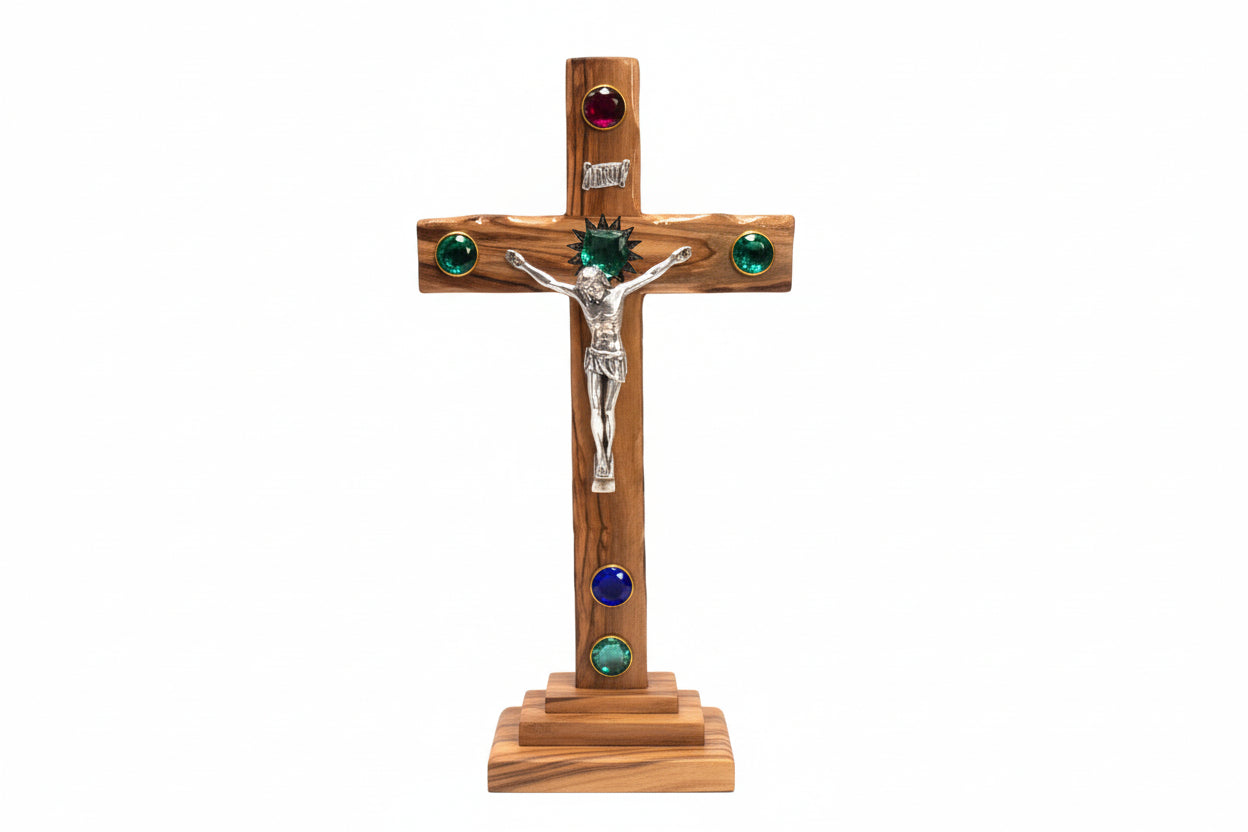 Standing Olive Wood Crucifix with Relics | Altar Table Cross | Catholic Gift from Bethlehem | Christmas