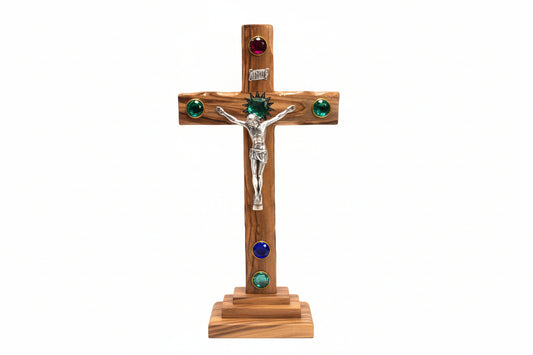 Standing Olive Wood Crucifix with Relics | Altar Table Cross | Catholic Gift from Bethlehem | Christmas