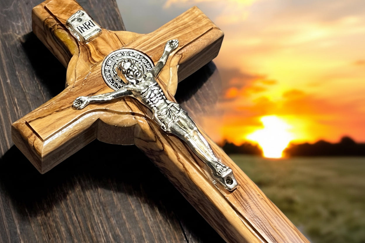 St. Benedict Olive Wood Cross, Catholic Christmas Gift, Hand-Made Religious Decor, Holy Land Crucifix.