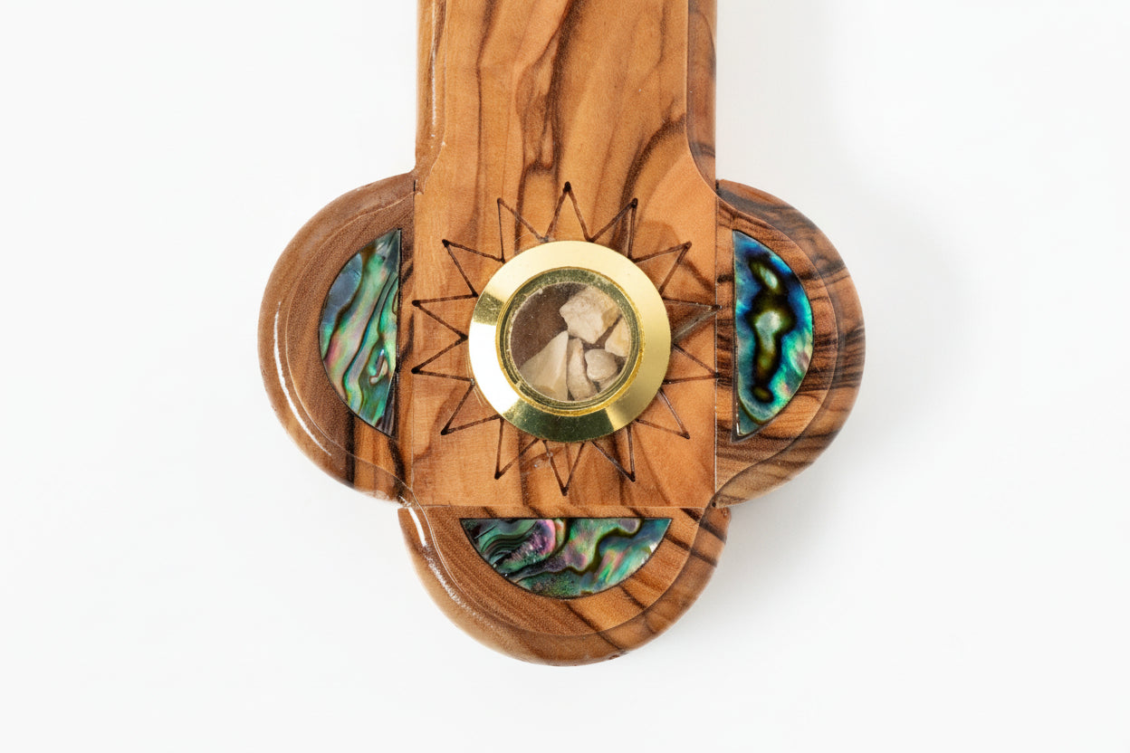 Olive Wood Cross: Mother of Pearl Inlay, Holy Land Relics