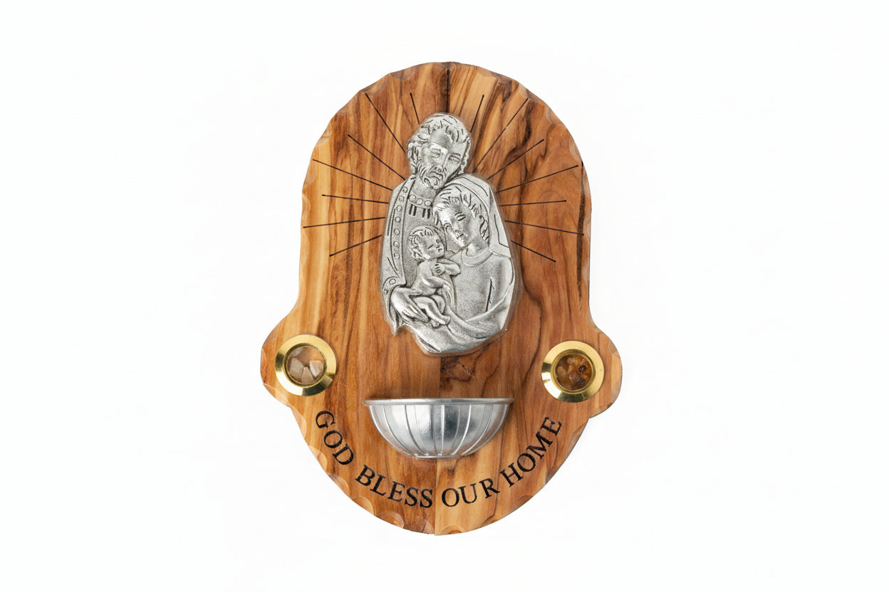 Olive Wood Holy Family Plaque with Holy Water Holder