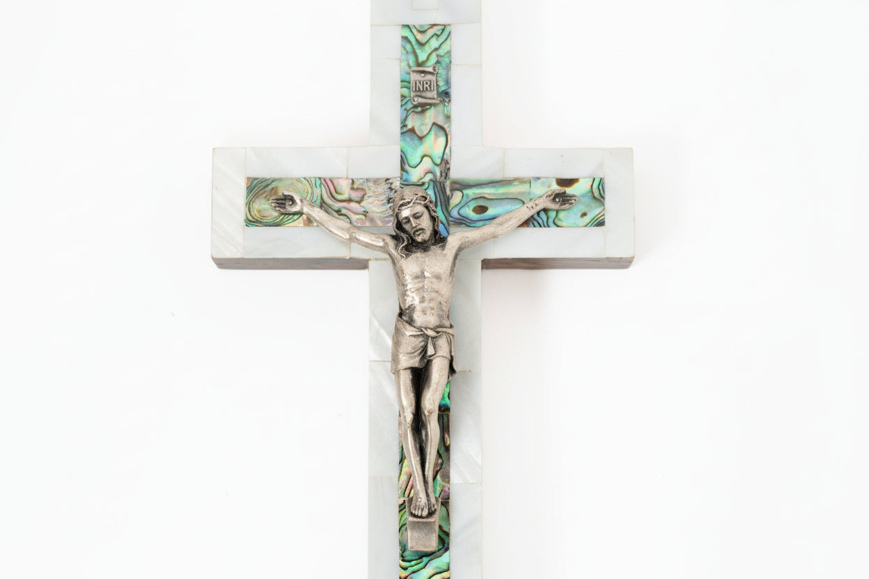 Olive Wood Crucifix with Mother of Pearl, Holy Land Relics