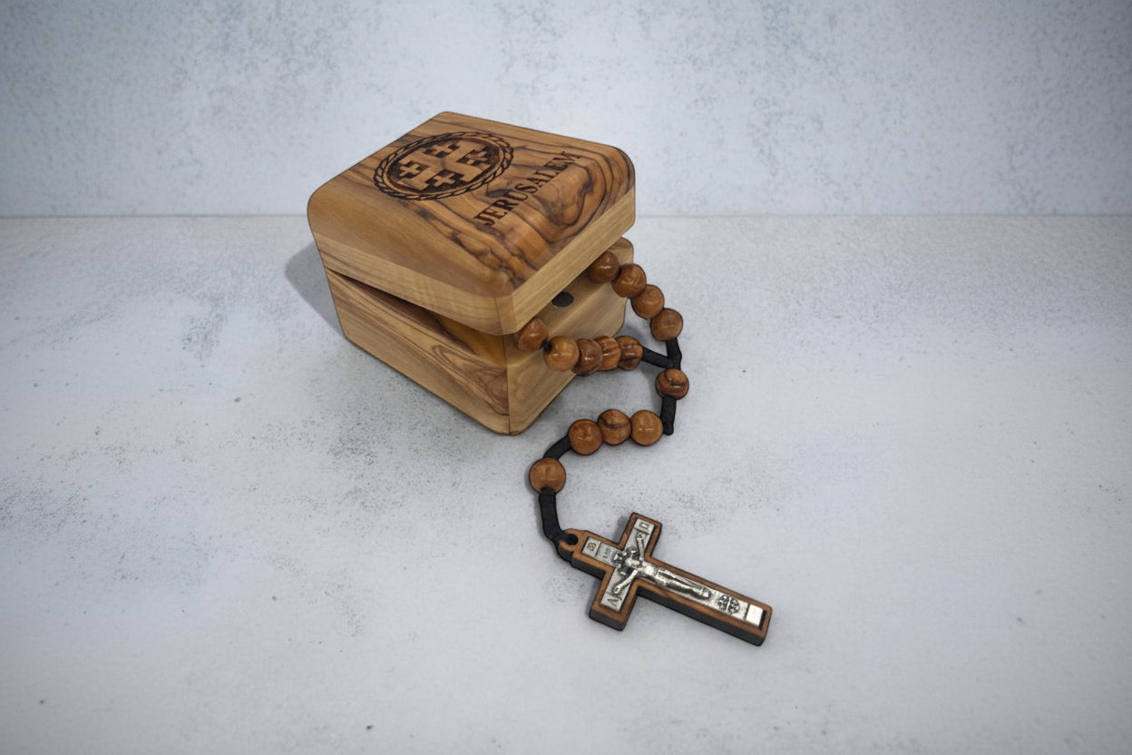 Olive Wood Rosary with Metal Cross Pendant, Christmas Gift
