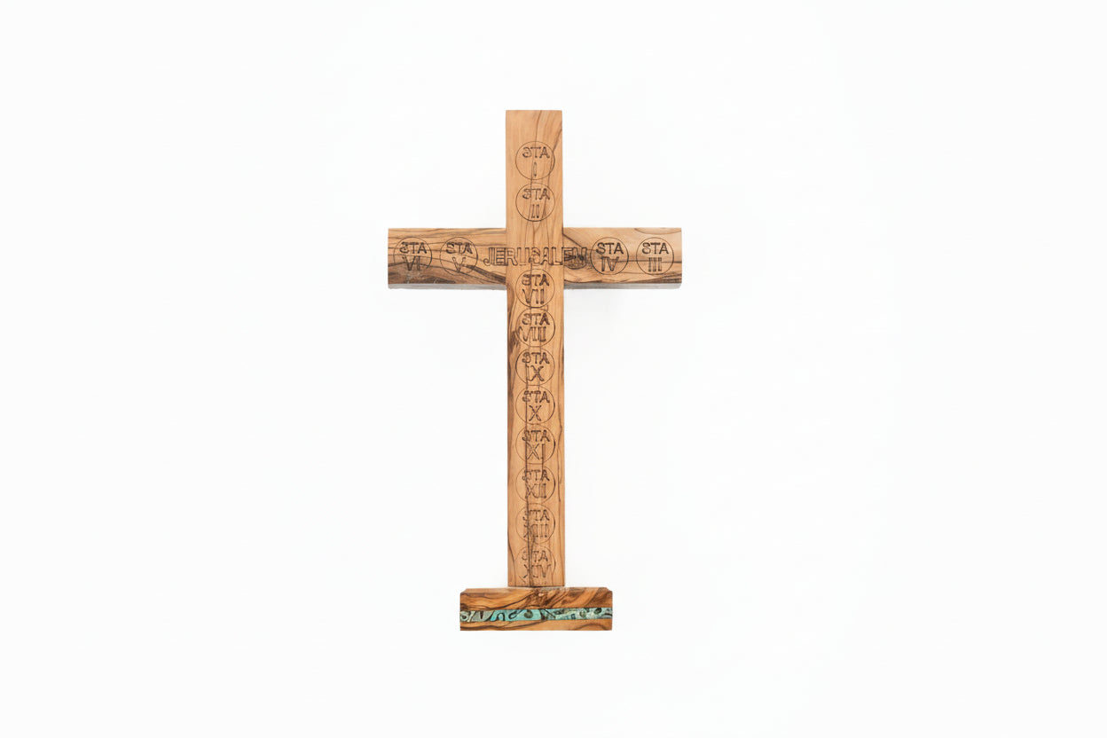 Olive Wood Crucifix with Mother of Pearl, Holy Land Relics