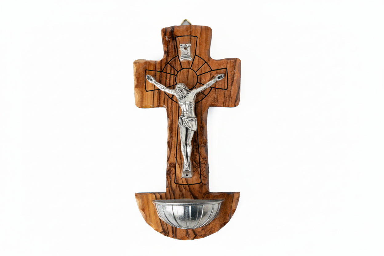 Handmade Olive Wood Crucifix with Holy Water Holder, Religious Gift