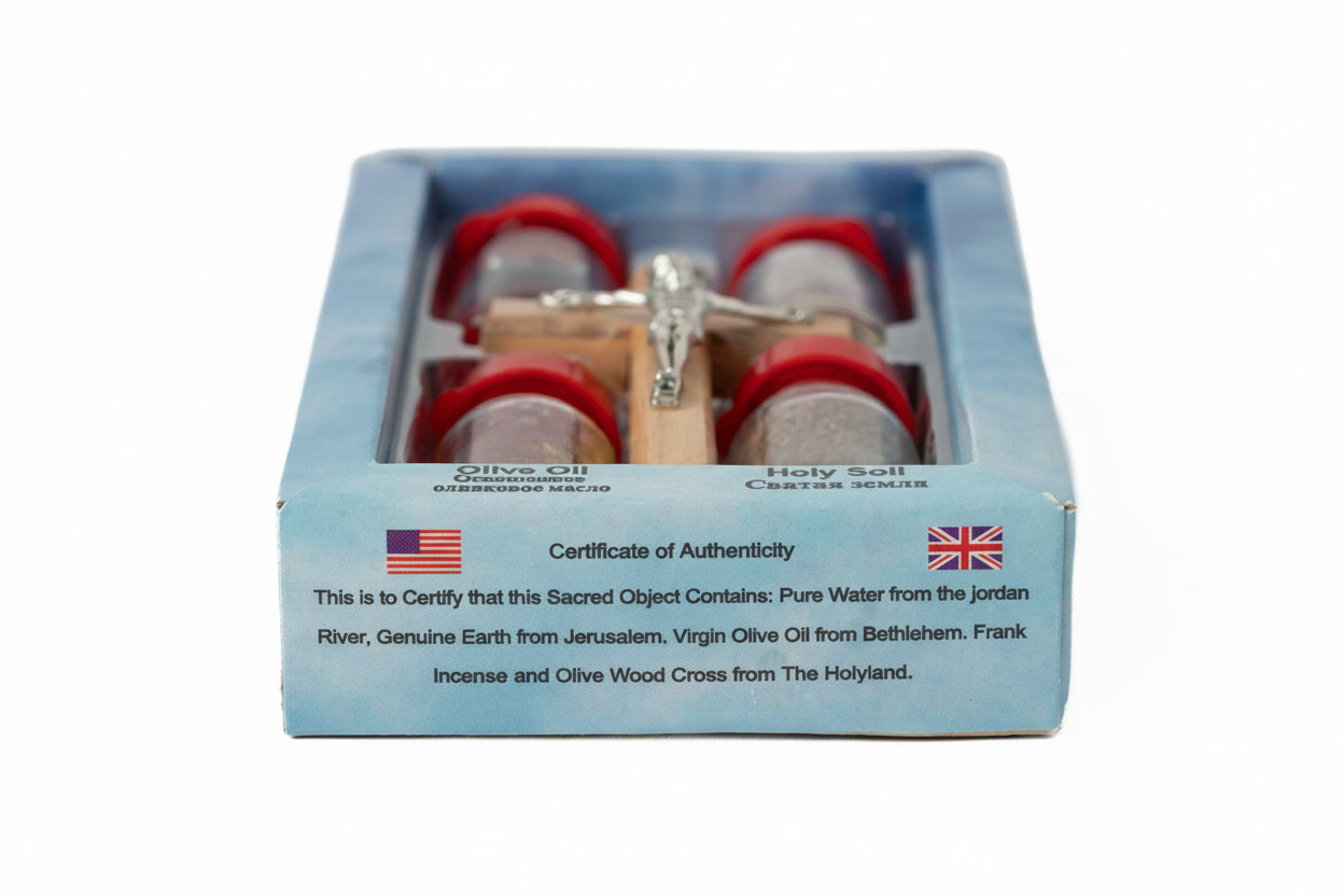Holy Land Gift Set: Olive Wood Cross, Soil, Water, Oil, Incense