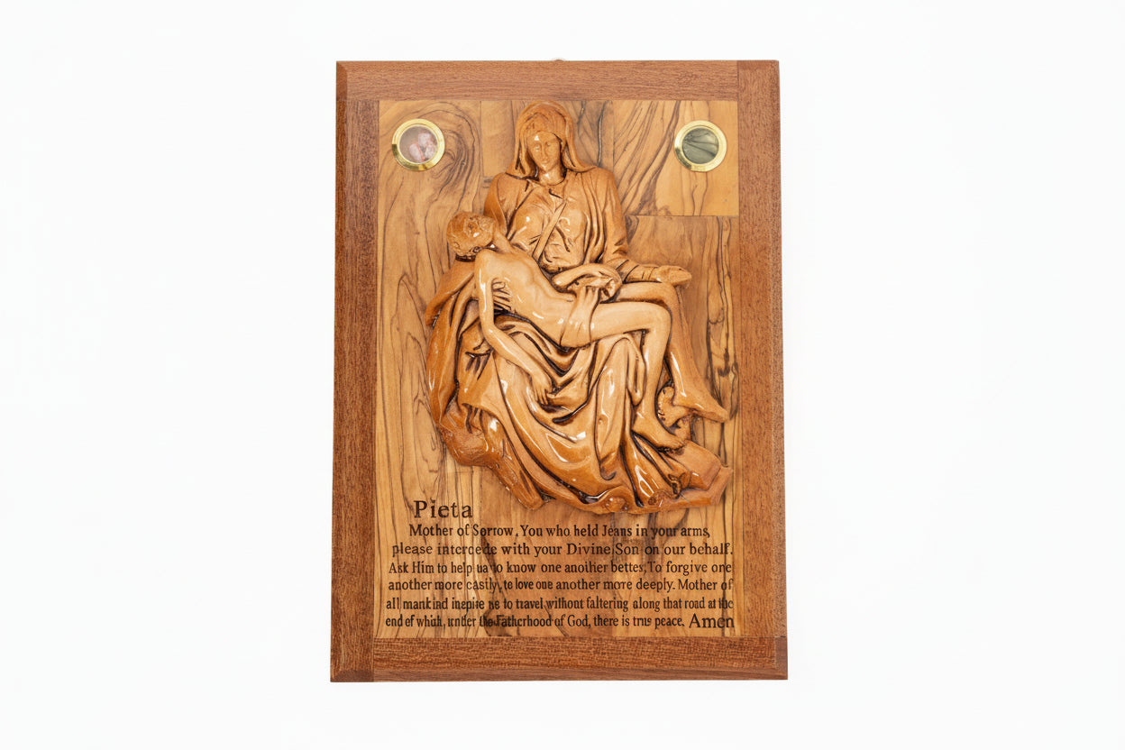 Olive Wood Pieta Plaque , Hand Carved Religious Wall Art, Holy Land Gift 12x8.5in