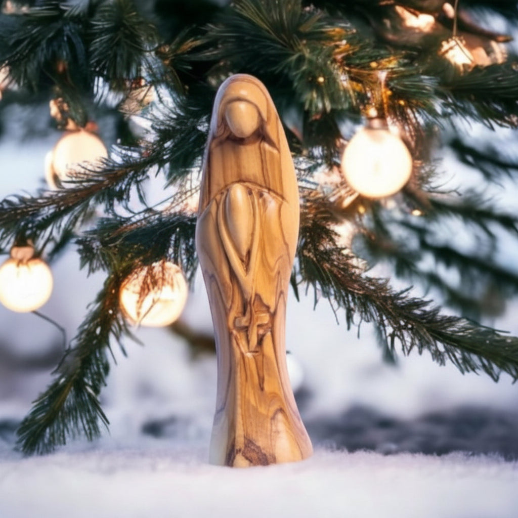 Olive Wood Virgin Mary, Handmade Religious Sculpture, Catholic Decor, Mother Mary Figurine.